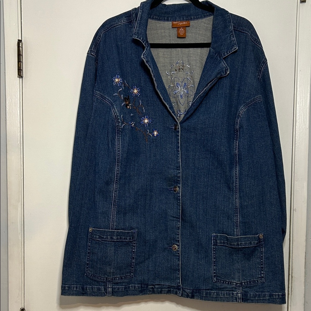 Liz & Me Signature Blue Jean Denim Jacket with Floral Beaded Embroidery